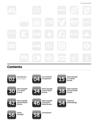 BEST RETAIL BRANDS




Contents



02                     04                     15
     Introduction           Era of Infinite        Most Valuable
     By Jez Frampton        Competition            U.S. Retail
                                                   Brands




30                     34                     38
     Most Valuable          Most Valuable          Most Valuable
     U.K. Retail            French Retail          German Retail
     Brands                 Brands                 Brands




42                     46                     54
     Most Valuable          Most Valuable          Criteria &
     Spanish Retail         Asia Pacific           Methodology
     Brands                 Retail Brands




56                     58
     Brand                  Contributors
     Strength
 