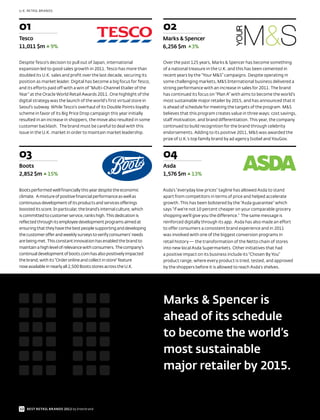 U.K. RETAIL BRANDS




01                                                                      02
Tesco                                                                   Marks & Spencer
11,011 $m        9%                                                     6,256 $m 3%

Despite Tesco’s decision to pull out of Japan, international            Over the past 125 years, Marks & Spencer has become something
expansion led to good sales growth in 2011. Tesco has more than         of a national treasure in the U.K. and this has been cemented in
doubled its U.K. sales and profit over the last decade, securing its    recent years by the “Your M&S” campaigns. Despite operating in
position as market leader. Digital has become a big focus for Tesco,    some challenging markets, M&S International business delivered a
and its efforts paid off with a win of “Multi-Channel Etailer of the    strong performance with an increase in sales for 2011. The brand
Year” at the Oracle World Retail Awards 2011. One highlight of the      has continued its focus on “Plan A” with aims to become the world’s
digital strategy was the launch of the world's first virtual store in   most sustainable major retailer by 2015, and has announced that it
Seoul's subway. While Tesco’s overhaul of its Double Points loyalty     is ahead of schedule for meeting the targets of the program. M&S
scheme in favor of its Big Price Drop campaign this year initially      believes that this program creates value in three ways: cost savings,
resulted in an increase in shoppers, the move also resulted in some     staff motivation, and brand differentiation. This year, the company
customer backlash. The brand must be careful to deal with this          continued to build recognition for the brand through celebrity
issue in the U.K. market in order to maintain market leadership.        endorsements. Adding to its positive 2011, M&S was awarded the
                                                                        prize of U.K.’s top family brand by ad agency Isobel and YouGov.



03                                                                      04
Boots                                                                   Asda
2,852 $m       15%                                                      1,576 $m      13%

Boots performed well financially this year despite the economic         Asda’s “everyday low prices” tagline has allowed Asda to stand
climate. A mixture of positive financial performance as well as         apart from competitors in terms of price and helped accelerate
continuous development of its products and services offerings           growth. This has been bolstered by the “Asda guarantee” which
boosted its score. In particular, the brand’s internal culture, which   says “if we’re not 10 percent cheaper on your comparable grocery
is committed to customer service, ranks high. This dedication is        shopping we'll give you the difference.” The same message is
reflected through its employee development programs aimed at            reinforced digitally through its app. Asda has also made an effort
ensuring that they have the best people supporting and developing       to offer consumers a consistent brand experience and in 2011
the customer offer and weekly surveys to verify consumers’ needs        was involved with one of the biggest conversion programs in
are being met. This constant innovation has enabled the brand to        retail history — the transformation of the Netto chain of stores
maintain a high level of relevance with consumers. The company’s        into new local Asda Supermarkets. Other initiatives that had
continual development of boots.com has also positively impacted         a positive impact on its business include its “Chosen By You”
the brand, with its “Order online and collect in store” feature         product range, where every product is tried, tested, and approved
now available in nearly all 2,500 Boots stores across the U.K.          by the shoppers before it is allowed to reach Asda's shelves.




                                                                        Marks & Spencer is
                                                                        ahead of its schedule
                                                                        to become the world’s
                                                                        most sustainable
                                                                        major retailer by 2015.


32 BEST RETAIL BRANDS 2012 by Interbrand
 