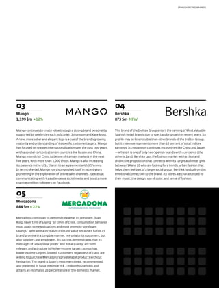SPANISH RETAIL BRANDS




03                                                                       04
Mango                                                                    Bershka
1,199 $m       12%                                                       873 $m NEW

Mango continues to create value through a strong brand personality,      This brand of the Inditex Group enters the ranking of Most Valuable
supported by celebrities such as Scarlett Johansson and Kate Moss.       Spanish Retail Brands due to spectacular growth in recent years. Its
A new, more sober and elegant logo is a cue of the brand’s growing       profile may be less notable than other brands of the Inditex Group,
maturity and understanding of its specific customer targets. Mango       but its revenue represents more than 10 percent of total Inditex
has focused on greater internationalization over the past two years,     earnings. Its expansion continues in countries like China and Japan
with a special concentration on countries like Russia and China.         — where it is one of only two Spanish brands with a presence (the
Mango intends for China to be one of its main markets in the next        other is Zara). Bershka taps the fashion market with a clear and
five years, with more than 3,000 shops. Mango is also increasing         distinctive proposition that connects with its target audience: girls
its presence in the U.S., thanks to an agreement with JCPenney.          between 14 and 20 who are looking for a trendy, urban fashion that
In terms of e-tail, Mango has distinguished itself in recent years       helps them feel part of a larger social group. Bershka has built on this
pioneering in the exploration of online sales channels. It excels at     emotional connection to the brand. Its stores are characterized by
communicating with its audience via social media and boasts more         their music, the design, use of color, and sense of fashion.
than two million followers on Facebook.



05
Mercadona
844 $m 22%

Mercadona continues to demonstrate what its president, Juan
Roig, never tires of saying: “In times of crisis, consumption behavior
must adapt to new situations and must promote significant
savings.” Mercadona increased its brand value because it fulfills its
brand promise in a tangible manner, not only to its customers, but
also suppliers and employees. Its success demonstrates that its
messages of “always low prices” and “total quality” are both
relevant and attractive to higher-income targets as much as
lower-income targets. Indeed, customers, regardless of class, are
willing to purchase Mercadona’s private label products without
hesitation. The brand is Spain’s most mentioned, recommended,
and preferred. It has a presence in 4.3 million households and
attains an estimated 23 percent share of the domestic market.
 