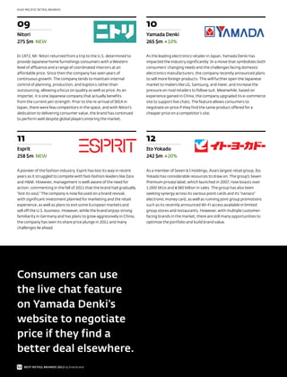 ASIA PACIFIC RETAIL BRANDS




09                                                                     10
Nitori                                                                 Yamada Denki
275 $m NEW                                                             265 $m 10%

In 1972, Mr. Nitori returned from a trip to the U.S. determined to     As the leading electronics retailer in Japan, Yamada Denki has
provide Japanese home furnishings consumers with a Western             impacted the industry significantly. In a move that symbolizes both
level of affluence and a range of coordinated interiors at an          consumers’ changing needs and the challenges facing domestic
affordable price. Since then the company has seen years of             electronics manufacturers, the company recently announced plans
continuous growth. The company tends to maintain internal              to sell more foreign products. This will further open the Japanese
control of planning, production, and logistics rather than             market to makers like LG, Samsung, and Haier, and increase the
outsourcing, allowing a focus on quality as well as price. As an       pressure on rival retailers to follow suit. Meanwhile, based on
importer, it is one Japanese company that actually benefits            experience gained in China, the company upgraded its e-commerce
from the current yen strength. Prior to the re-arrival of IKEA in      site to support live chats. The feature allows consumers to
Japan, there were few competitors in the space, and with Nitori’s      negotiate on price if they find the same product offered for a
dedication to delivering consumer value, the brand has continued       cheaper price on a competitor’s site.
to perform well despite global players entering the market.




11                                                                     12
Esprit                                                                 Ito Yokado
258 $m NEW                                                             242 $m 20%

A pioneer of the fashion industry, Esprit has lost its way in recent   As a member of Seven & I Holdings, Asia’s largest retail group, Ito
years as it struggled to compete with fast-fashion leaders like Zara   Yokado has considerable resources to draw on. The group’s Seven
and H&M. However, management is well-aware of the need for             Premium private label, which launched in 2007, now boasts over
action, commenting in the fall of 2011 that the brand had gradually    1,000 SKUs and ¥380 billion in sales. The group has also been
“lost its soul.” The company is now focused on a brand revival,        seeking synergy across its various point cards and its “nanaco”
with significant investment planned for marketing and the retail       electronic money card, as well as running joint group promotions
experience, as well as plans to exit some European markets and         such as its recently announced Wi-Fi access available in limited
sell off the U.S. business. However, while the brand enjoys strong     group stores and restaurants. However, with multiple customer-
familiarity in Germany and has plans to grow aggressively in China,    facing brands in the market, there are still many opportunities to
the company has seen its share price plunge in 2011 and many           optimize the portfolio and build brand value.
challenges lie ahead.




Consumers can use
the live chat feature
on Yamada Denki’s
website to negotiate
price if they find a
better deal elsewhere.
52 BEST RETAIL BRANDS 2012 by Interbrand
 