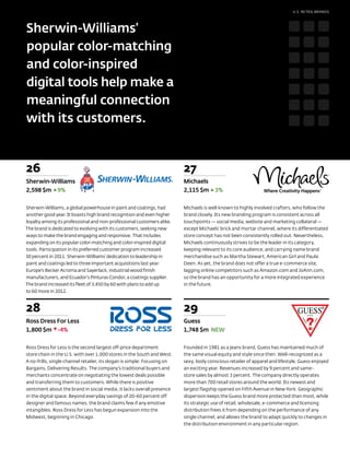 U.S. RETAIL BRANDS




Sherwin-Williams’
popular color-matching
and color-inspired
digital tools help make a
meaningful connection
with its customers.


26                                                                        27
Sherwin-Williams                                                          Michaels
2,598 $m 9%                                                               2,115 $m      3%

Sherwin-Williams, a global powerhouse in paint and coatings, had          Michaels is well known to highly involved crafters, who follow the
another good year. It boasts high brand recognition and even higher       brand closely. Its new branding program is consistent across all
loyalty among its professional and non-professional customers alike.      touchpoints — social media, website and marketing collateral —
The brand is dedicated to evolving with its customers, seeking new        except Michaels’ brick and mortar channel, where its differentiated
ways to make the brand engaging and responsive. That includes             store concept has not been consistently rolled out. Nevertheless,
expanding on its popular color-matching and color-inspired digital        Michaels continuously strives to be the leader in its category,
tools. Participation in its preferred customer program increased          keeping relevant to its core audience, and carrying name brand
30 percent in 2011. Sherwin-Williams’ dedication to leadership in         merchandise such as Martha Stewart, American Girl and Paula
paint and coatings led to three important acquisitions last year:         Deen. As yet, the brand does not offer a true e-commerce site,
Europe’s Becker Acroma and Sayerlack, industrial wood finish              lagging online competitors such as Amazon.com and JoAnn.com,
manufacturers, and Ecuador’s Pinturas Condor, a coatings supplier.        so the brand has an opportunity for a more integrated experience
The brand increased its fleet of 3,450 by 60 with plans to add up         in the future.
to 60 more in 2012.



28                                                                        29
Ross Dress For Less                                                       Guess
1,800 $m -4%                                                              1,748 $m NEW

Ross Dress for Less is the second largest off-price department            Founded in 1981 as a jeans brand, Guess has maintained much of
store chain in the U.S. with over 1,000 stores in the South and West.     the same visual equity and style since then. Well-recognized as a
A no-frills, single channel retailer, its slogan is simple: Focusing on   sexy, body conscious retailer of apparel and lifestyle, Guess enjoyed
Bargains, Delivering Results. The company’s traditional buyers and        an exciting year. Revenues increased by 9 percent and same-
merchants concentrate on negotiating the lowest deals possible            store sales by almost 3 percent. The company directly operates
and transferring them to customers. While there is positive               more than 700 retail stores around the world. Its newest and
sentiment about the brand in social media, it lacks overall presence      largest flagship opened on Fifth Avenue in New York. Geographic
in the digital space. Beyond everyday savings of 20-60 percent off        dispersion keeps the Guess brand more protected than most, while
designer and famous names, the brand claims few if any emotive            its strategic use of retail, wholesale, e-commerce and licensing
intangibles. Ross Dress for Less has begun expansion into the             distribution frees it from depending on the performance of any
Midwest, beginning in Chicago.                                            single channel, and allows the brand to adapt quickly to changes in
                                                                          the distribution environment in any particular region.
 