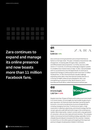SPANISH RETAIL BRANDS




                                           01
Zara continues to                          Zara
                                           8,065 $m       8%

expand and manage                          Zara continues to bring excitement and constant freshness to


its online presence
                                           fashion on the high street. This year, it showed a characteristic rally
                                           of expansion, increasing sales through a clear, consistent,
                                           and differentiated value proposition. Currently, Zara has 1,600

and now boasts                             stores in 77 countries. It continues to leverage its logistics system
                                           to complete stock rotation every 15 days. In 2011, Zara proceeded
                                           with its successful entry into the digital world. It continues to
more than 11 million                       expand and manage its online presence with more than 11 million
                                           Facebook fans. In 2011 the brand faced a double challenge:

Facebook fans.                             expanding online sales in key international markets like the U.S.
                                           in the face of H&M’s online arrival scheduled for 2012, and
                                           strengthening its presence in Asia, North America, and in
                                           Australia and South Africa, where the brand arrived last year.



                                           02
                                           El Corte Inglés
                                           1,827 $m -23%

                                           Despite more than 70 years of history and a status as an iconic brand
                                           in its home market, El Corte Inglés has had trouble recapturing its
                                           past reputation. Its financial results have been marred by Spain’s
                                           economic crisis and its burdensome structure of expenditures,
                                           including managing more than 75 stores across Spain, a high
                                           investment in television advertising, and a brand strategy that has
                                           not yet captured a well-defined brand image in the contemporary
                                           market. Most importantly: it doesn’t connect with a new generation
                                           of consumers, who are more style and trend-sensitive. The company
                                           needs a more proactive brand-building strategy, especially in terms
                                           of leadership and relevant innovations for the customer. However,
                                           its recent focus on the online space and targeting of the important
                                           premium shopper should position it better in the future.


44 BEST RETAIL BRANDS 2012 by Interbrand
 