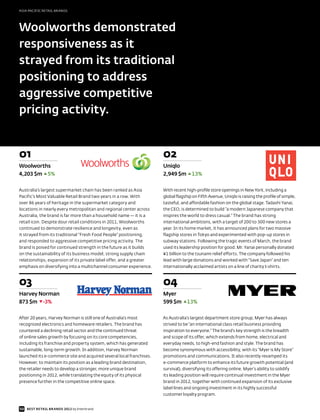 ASIA PACIFIC RETAIL BRANDS




Woolworths demonstrated
responsiveness as it
strayed from its traditional
positioning to address
aggressive competitive
pricing activity.


01                                                                    02
Woolworths                                                            Uniqlo
4,203 $m 5%                                                           2,949 $m       13%

Australia’s largest supermarket chain has been ranked as Asia         With recent high-profile store openings in New York, including a
Pacific’s Most Valuable Retail Brand two years in a row. With         global flagship on Fifth Avenue, Uniqlo is raising the profile of simple,
over 86 years of heritage in the supermarket category and             tasteful, and affordable fashion on the global stage. Tadashi Yanai,
locations in nearly every metropolitan and regional center across     the CEO, is determined to build “a modern Japanese company that
Australia, the brand is far more than a household name — it is a      inspires the world to dress casual.” The brand has strong
retail icon. Despite dour retail conditions in 2011, Woolworths       international ambitions, with a target of 200 to 300 new stores a
continued to demonstrate resilience and longevity, even as            year. In its home market, it has announced plans for two massive
it strayed from its traditional “Fresh Food People” positioning,      flagship stores in Tokyo and experimented with pop-up stores in
and responded to aggressive competitive pricing activity. The         subway stations. Following the tragic events of March, the brand
brand is poised for continued strength in the future as it builds     used its leadership position for good. Mr. Yanai personally donated
on the sustainability of its business model, strong supply chain      ¥1 billion to the tsunami relief efforts. The company followed his
relationships, expansion of its private label offer, and a greater    lead with large donations and worked with “Save Japan” and ten
emphasis on diversifying into a multichannel consumer experience.     internationally acclaimed artists on a line of charity t-shirts.



03                                                                    04
Harvey Norman                                                         Myer
873 $m -3%                                                            599 $m       13%

After 20 years, Harvey Norman is still one of Australia’s most        As Australia’s largest department store group, Myer has always
recognized electronics and homeware retailers. The brand has          strived to be “an international class retail business providing
countered a declining retail sector and the continued threat          inspiration to everyone.” The brand’s key strength is the breadth
of online sales growth by focusing on its core competencies,          and scope of its offer, which extends from home, electrical and
including its franchise and property system, which has generated      everyday needs, to high-end fashion and style. The brand has
sustainable, long-term growth. In addition, Harvey Norman             become synonymous with accessibility, with its “Myer is My Store”
launched its e-commerce site and acquired several local franchises.   promotions and communications. It also recently revamped its
However, to maintain its position as a leading brand destination,     e-commerce platform to enhance its future growth potential (and
the retailer needs to develop a stronger, more unique brand           survival), diversifying its offering online. Myer’s ability to solidify
positioning in 2012, while translating the equity of its physical     its leading position will require continual investment in the Myer
presence further in the competitive online space.                     brand in 2012, together with continued expansion of its exclusive
                                                                      label lines and ongoing investment in its highly successful
                                                                      customer loyalty program.


50 BEST RETAIL BRANDS 2012 by Interbrand
 