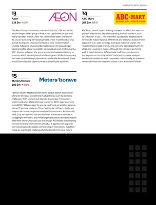 ASIA PACIFIC RETAIL BRANDS




13                                                                         14
Aeon                                                                       ABC Mart
238 $m NEW                                                                 208 $m NEW

The Aeon Group claims roots that reach back to 1758 and as the             ABC Mart, one of Japan’s leading footwear retailers, has seen fast
second largest retail group in Asia, it has capabilities on par with       growth over the last decade expanding from 20 stores in 2000
many top retail brands. Aeon has consistently taken the lead in            to 574 stores in 2011. The brand has successfully adapted store
its sector, launching its Topvalu private brand in 2004 and acting         formats to match regional differences and executes a data-driven
quickly to respond to consumer fears of food contamination.                approach to its sales strategy. Alongside national brands, the
In 2001, following a nationwide health scare, the group began              retailer offers private brands, and owns the open trademarks for
labeling beef to allow traceability to individual cows. Following the      VANS and Hawkins in Japan. Although the company performs
2011 disaster in Japan, the group announced radiation testing on           well, it needs to better differentiate itself from competitors
produce, which earned praise from Greenpeace. While the company            and expand on the story behind the brand to create a deeper
has been consolidating its businesses under the Aeon brand, there          emotional connection with consumers. Additionally, its presence
are still considerable opportunities to simplify the portfolio.            remains limited overseas with stores in just Korea and Taiwan.




15
Meters/bonwe
202 $m -50%

Fashion retailer Meters/bonwe earns a great deal of attention in
China for its heavy investment in advertising, but it faces many
challenges. With so many sub-brands, it is unclear if consumers
understand what Meters/bonwe stands for. MTEE says “everyone
loves MTEE,” MJeans says “be you be cool,” and yet another series is
named “I am new made-in-China.” With a lack of focus, the brand
may not be connecting emotionally with consumers. Additionally,
Me & City, its high-end sub-brand aimed at mature urbanites, is
struggling to win hearts and minds largely because it cannot distinguish
itself from Meters/bonwe’s low-end image. And finally, the company
foresees financial inefficiencies ahead as it aggressively expands
store coverage and expects overstocking of inventories. Together,
these are significant challenges for the brand in the near future.
 