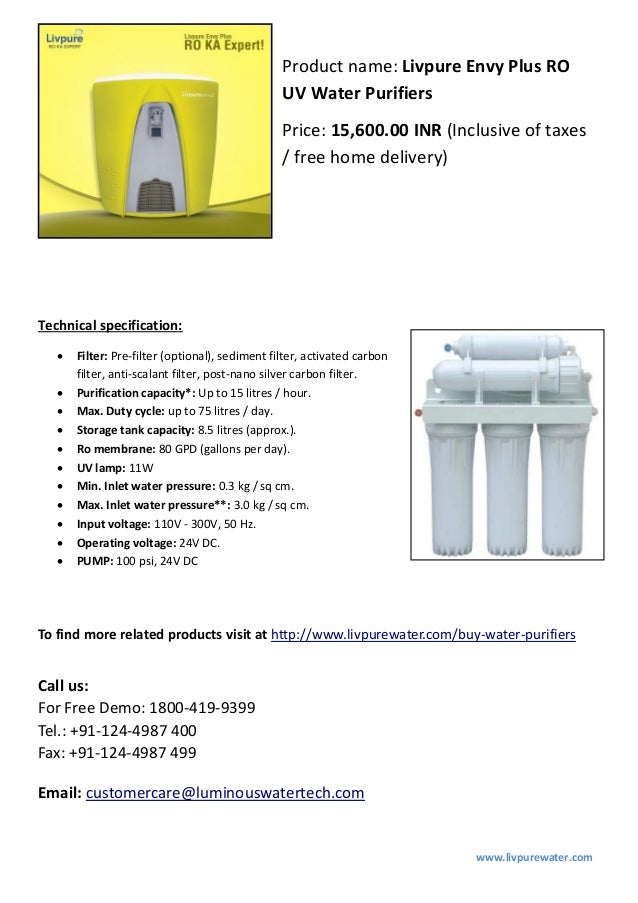 Buy Livpure Envy Plus UV RO Water Purifiers in attractive EMI