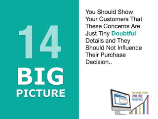 You should show
your customers that
these concerns are
just tiny doubtful
details and they
should not inﬂuence
their purchase
decision.
BIG
PICTURE
14
BIG


PICTURE
You Should Show

Your Customers That

These Concerns Are

Just Tiny Doubtful

Details and They

Should Not In
fl
uence

Their Purchase

Decision..
 