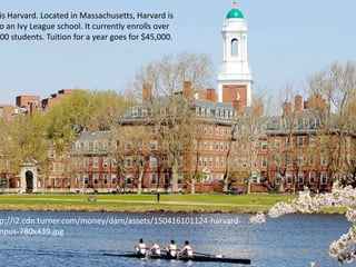 p://i2.cdn.turner.com/money/dam/assets/150416101124-harvard-
mpus-780x439.jpg
is Harvard. Located in Massachusetts, Harvard is
o an Ivy League school. It currently enrolls over
00 students. Tuition for a year goes for $45,000.
 