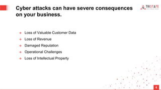6
Cyber attacks can have severe consequences
on your business.
❖ Loss of Valuable Customer Data
❖ Loss of Revenue
❖ Damage...
