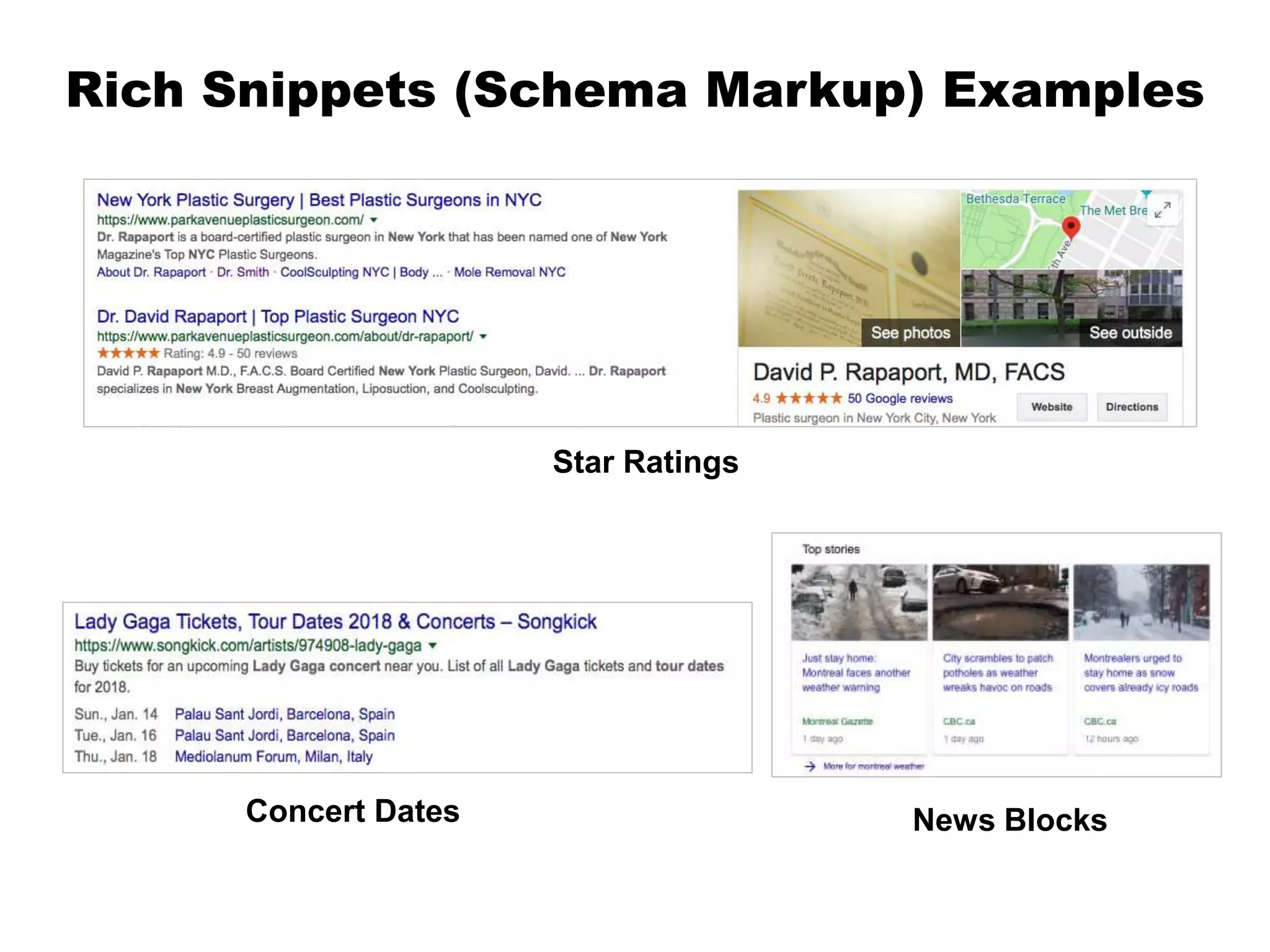 Rich Snippets (Schema Markup) Examples
Concert Dates News Blocks
Star Ratings
 