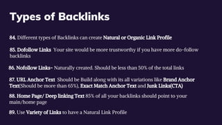 Types of Backlinks
84. Different types of Backlinks can create Natural or Organic Link Profile
85. Dofollow Links  Your si...
