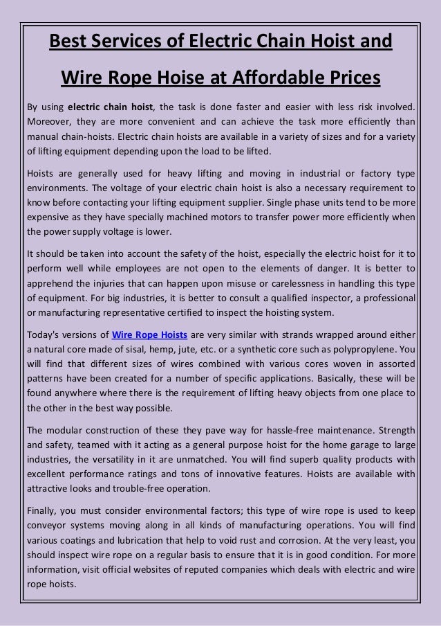 Best Services Of Electric Chain Hoist And Wire Rope Hoise At Affordab