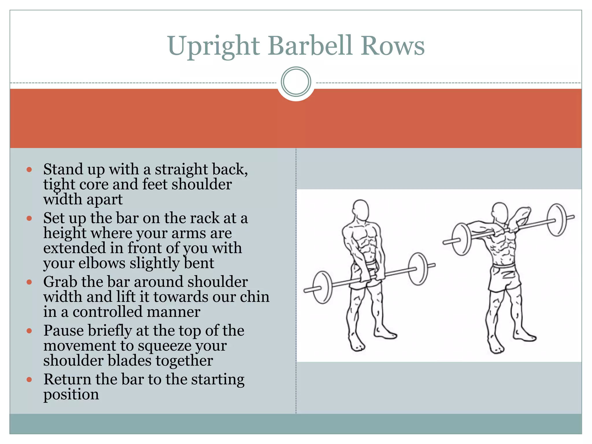  Stand up with a straight back,
tight core and feet shoulder
width apart
 Set up the bar on the rack at a
height where your arms are
extended in front of you with
your elbows slightly bent
 Grab the bar around shoulder
width and lift it towards our chin
in a controlled manner
 Pause briefly at the top of the
movement to squeeze your
shoulder blades together
 Return the bar to the starting
position
Upright Barbell Rows
 