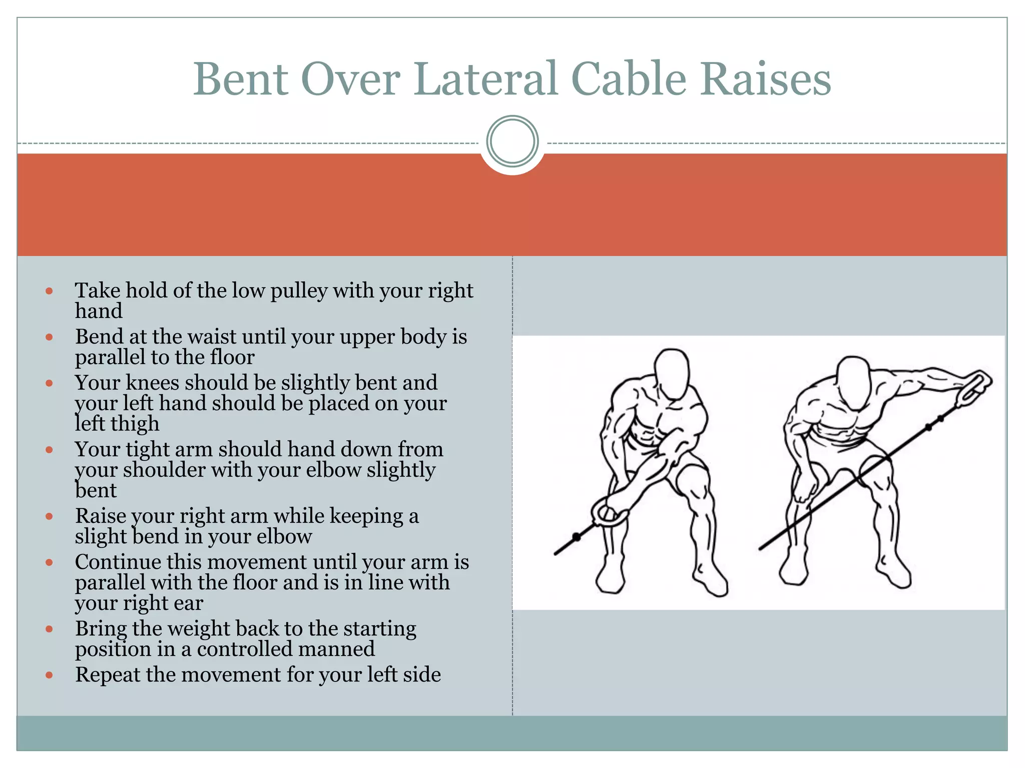  Take hold of the low pulley with your right
hand
 Bend at the waist until your upper body is
parallel to the floor
 Your knees should be slightly bent and
your left hand should be placed on your
left thigh
 Your tight arm should hand down from
your shoulder with your elbow slightly
bent
 Raise your right arm while keeping a
slight bend in your elbow
 Continue this movement until your arm is
parallel with the floor and is in line with
your right ear
 Bring the weight back to the starting
position in a controlled manned
 Repeat the movement for your left side
Bent Over Lateral Cable Raises
 