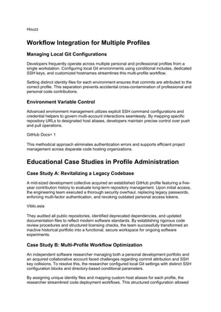 Houzz
Workflow Integration for Multiple Profiles
Managing Local Git Configurations
Developers frequently operate across multiple personal and professional profiles from a
single workstation. Configuring local Git environments using conditional includes, dedicated
SSH keys, and customized hostnames streamlines this multi-profile workflow.
Setting distinct identity files for each environment ensures that commits are attributed to the
correct profile. This separation prevents accidental cross-contamination of professional and
personal code contributions.
Environment Variable Control
Advanced environment management utilizes explicit SSH command configurations and
credential helpers to govern multi-account interactions seamlessly. By mapping specific
repository URLs to designated host aliases, developers maintain precise control over push
and pull operations.
GitHub Docs+ 1
This methodical approach eliminates authentication errors and supports efficient project
management across disparate code hosting organizations.
Educational Case Studies in Profile Administration
Case Study A: Revitalizing a Legacy Codebase
A mid-sized development collective acquired an established GitHub profile featuring a five-
year contribution history to evaluate long-term repository management. Upon initial access,
the engineering team executed a thorough security overhaul, replacing legacy passwords,
enforcing multi-factor authentication, and revoking outdated personal access tokens.
Viblo.asia
They audited all public repositories, identified deprecated dependencies, and updated
documentation files to reflect modern software standards. By establishing rigorous code
review procedures and structured licensing checks, the team successfully transformed an
inactive historical portfolio into a functional, secure workspace for ongoing software
experiments.
Case Study B: Multi-Profile Workflow Optimization
An independent software researcher managing both a personal development portfolio and
an acquired collaborative account faced challenges regarding commit attribution and SSH
key collisions. To resolve this, the researcher configured local Git settings with distinct SSH
configuration blocks and directory-based conditional parameters.
By assigning unique identity files and mapping custom host aliases for each profile, the
researcher streamlined code deployment workflows. This structured configuration allowed
 