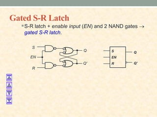 Gated S-R Latch
S-R latch + enable input (EN) and 2 NAND gates 
gated S-R latch.
S
R
Q
Q'
EN
S
EN
R
Q
Q'
 