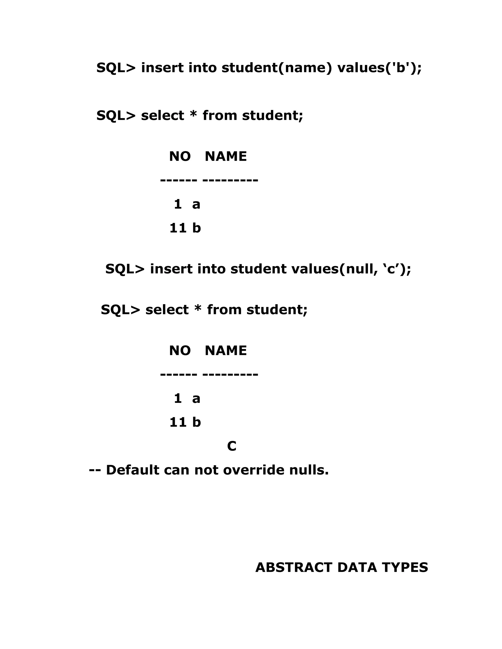 SQL> insert into student(name) values('b');
SQL> select * from student;
NO NAME
------ ---------
1 a
11 b
SQL> insert into student values(null, ‘c’);
SQL> select * from student;
NO NAME
------ ---------
1 a
11 b
C
-- Default can not override nulls.
ABSTRACT DATA TYPES
 
