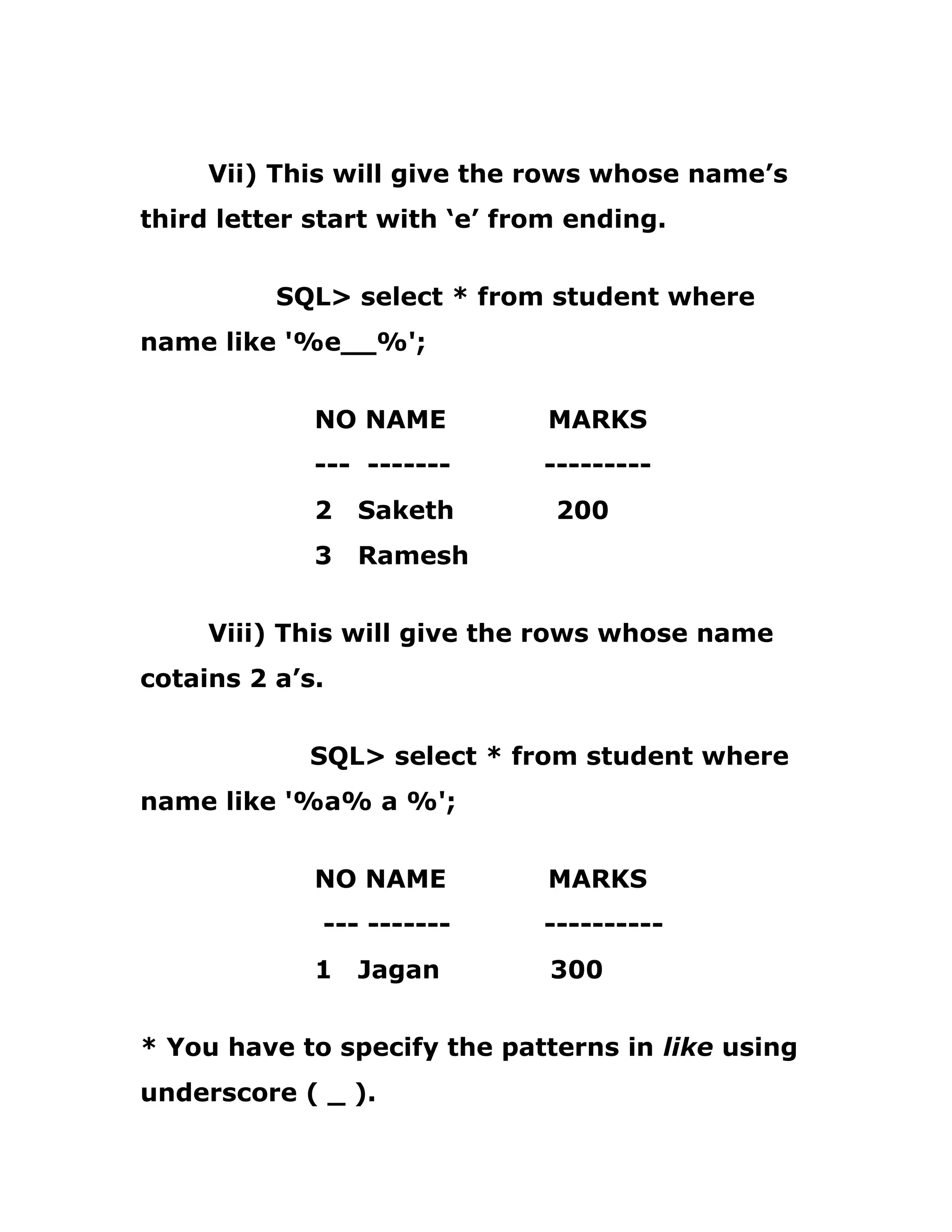 Vii) This will give the rows whose name’s
third letter start with ‘e’ from ending.
SQL> select * from student where
name like '%e__%';
NO NAME MARKS
--- ------- ---------
2 Saketh 200
3 Ramesh
Viii) This will give the rows whose name
cotains 2 a’s.
SQL> select * from student where
name like '%a% a %';
NO NAME MARKS
--- ------- ----------
1 Jagan 300
* You have to specify the patterns in like using
underscore ( _ ).
 