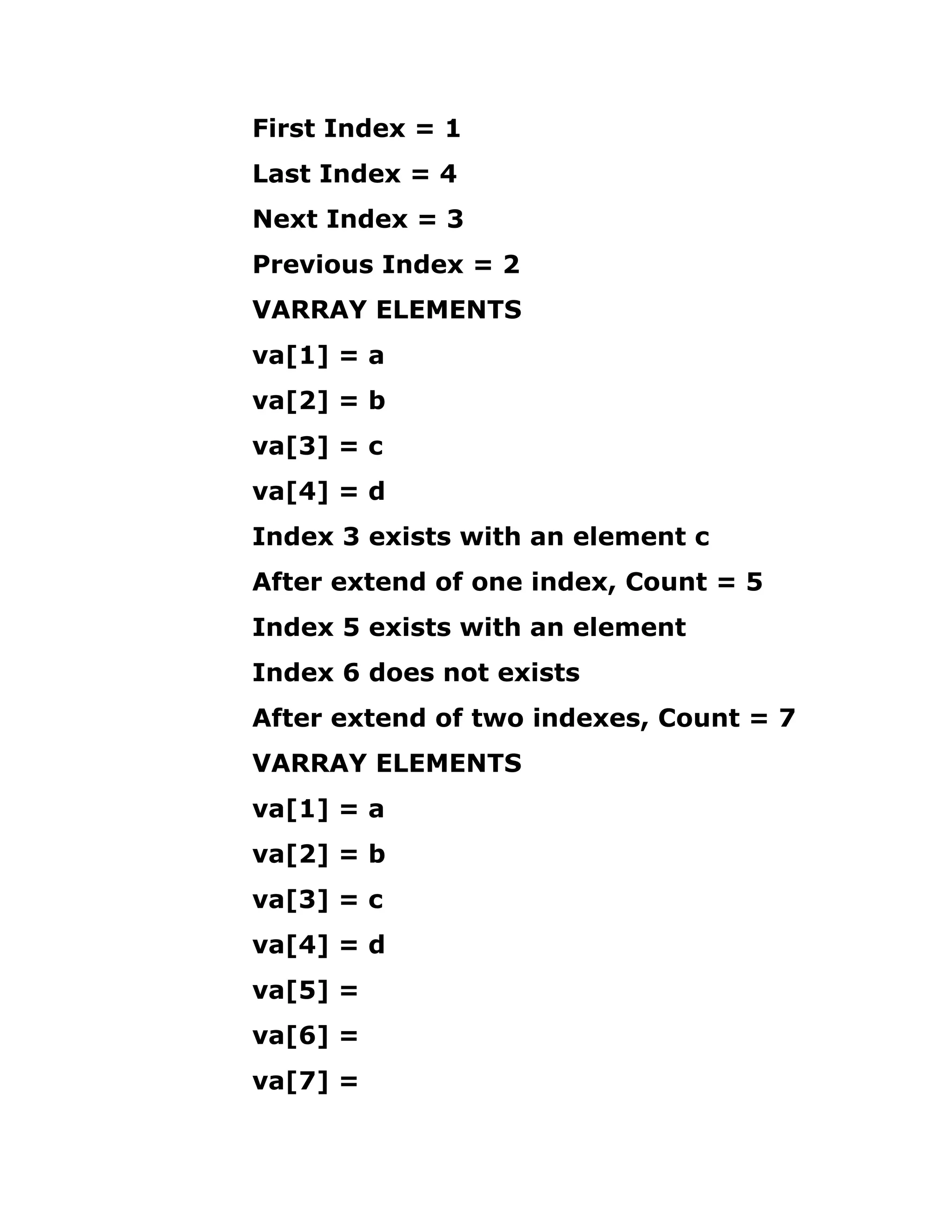 First Index = 1
Last Index = 4
Next Index = 3
Previous Index = 2
VARRAY ELEMENTS
va[1] = a
va[2] = b
va[3] = c
va[4] = d
Index 3 exists with an element c
After extend of one index, Count = 5
Index 5 exists with an element
Index 6 does not exists
After extend of two indexes, Count = 7
VARRAY ELEMENTS
va[1] = a
va[2] = b
va[3] = c
va[4] = d
va[5] =
va[6] =
va[7] =
 