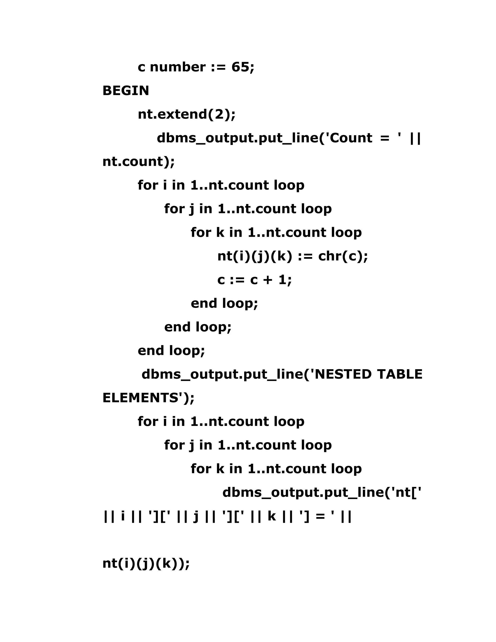 c number := 65;
BEGIN
nt.extend(2);
dbms_output.put_line('Count = ' ||
nt.count);
for i in 1..nt.count loop
for j in 1..nt.count loop
for k in 1..nt.count loop
nt(i)(j)(k) := chr(c);
c := c + 1;
end loop;
end loop;
end loop;
dbms_output.put_line('NESTED TABLE
ELEMENTS');
for i in 1..nt.count loop
for j in 1..nt.count loop
for k in 1..nt.count loop
dbms_output.put_line('nt['
|| i || '][' || j || '][' || k || '] = ' ||
nt(i)(j)(k));
 