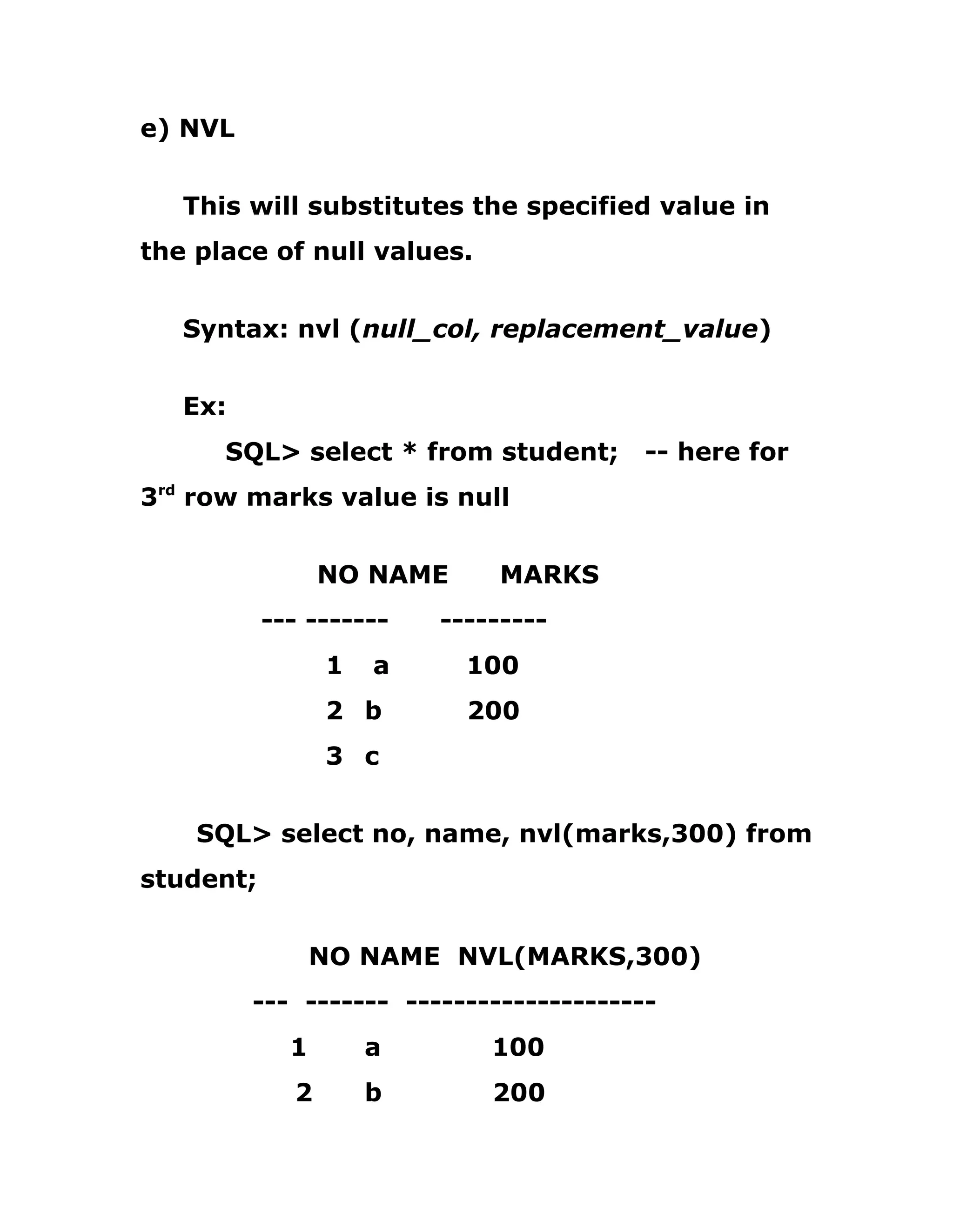e) NVL
This will substitutes the specified value in
the place of null values.
Syntax: nvl (null_col, replacement_value)
Ex:
SQL> select * from student; -- here for
3rd
row marks value is null
NO NAME MARKS
--- ------- ---------
1 a 100
2 b 200
3 c
SQL> select no, name, nvl(marks,300) from
student;
NO NAME NVL(MARKS,300)
--- ------- ---------------------
1 a 100
2 b 200
 