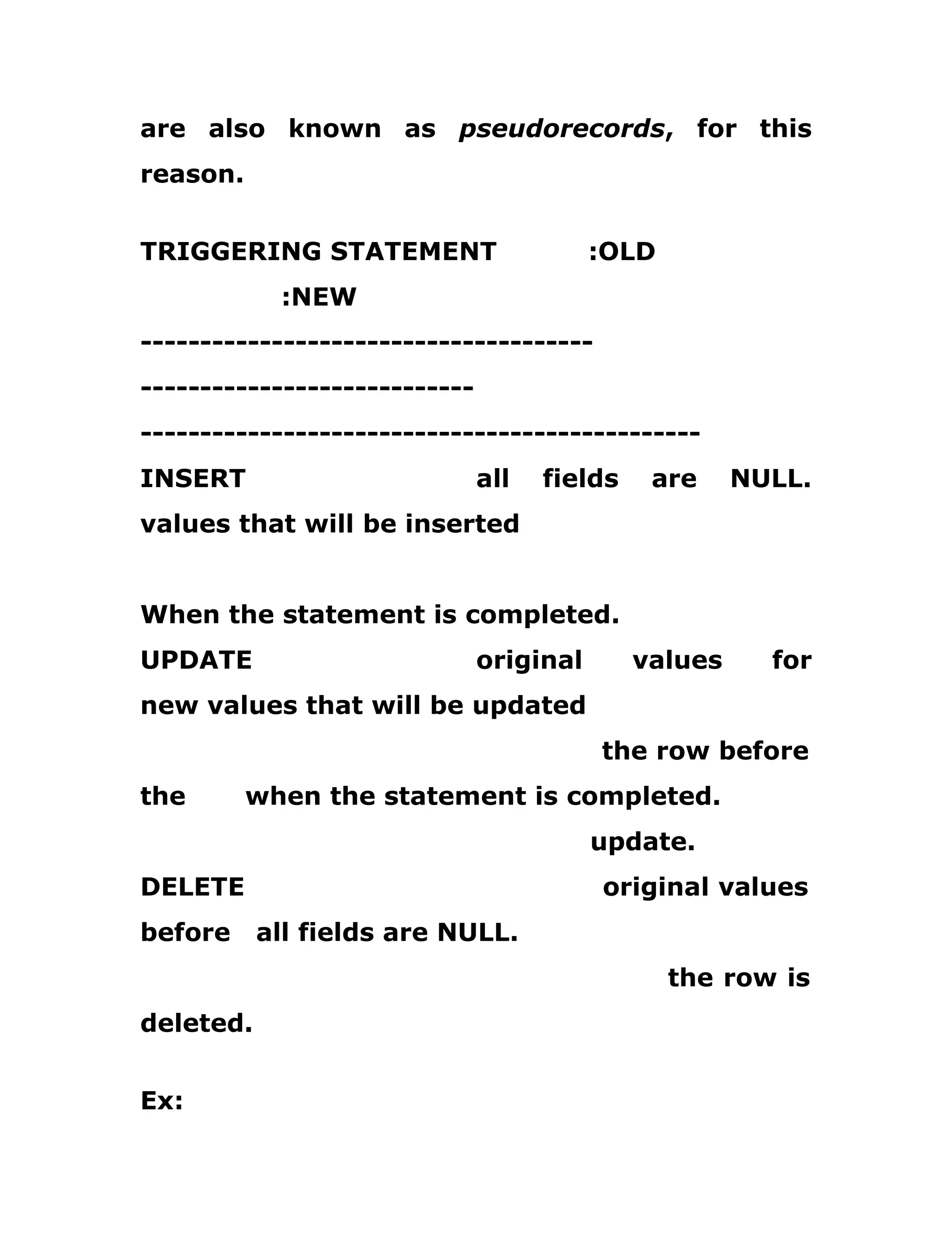 are also known as pseudorecords, for this
reason.
TRIGGERING STATEMENT :OLD
:NEW
--------------------------------------
----------------------------
-----------------------------------------------
INSERT all fields are NULL.
values that will be inserted
When the statement is completed.
UPDATE original values for
new values that will be updated
the row before
the when the statement is completed.
update.
DELETE original values
before all fields are NULL.
the row is
deleted.
Ex:
 
