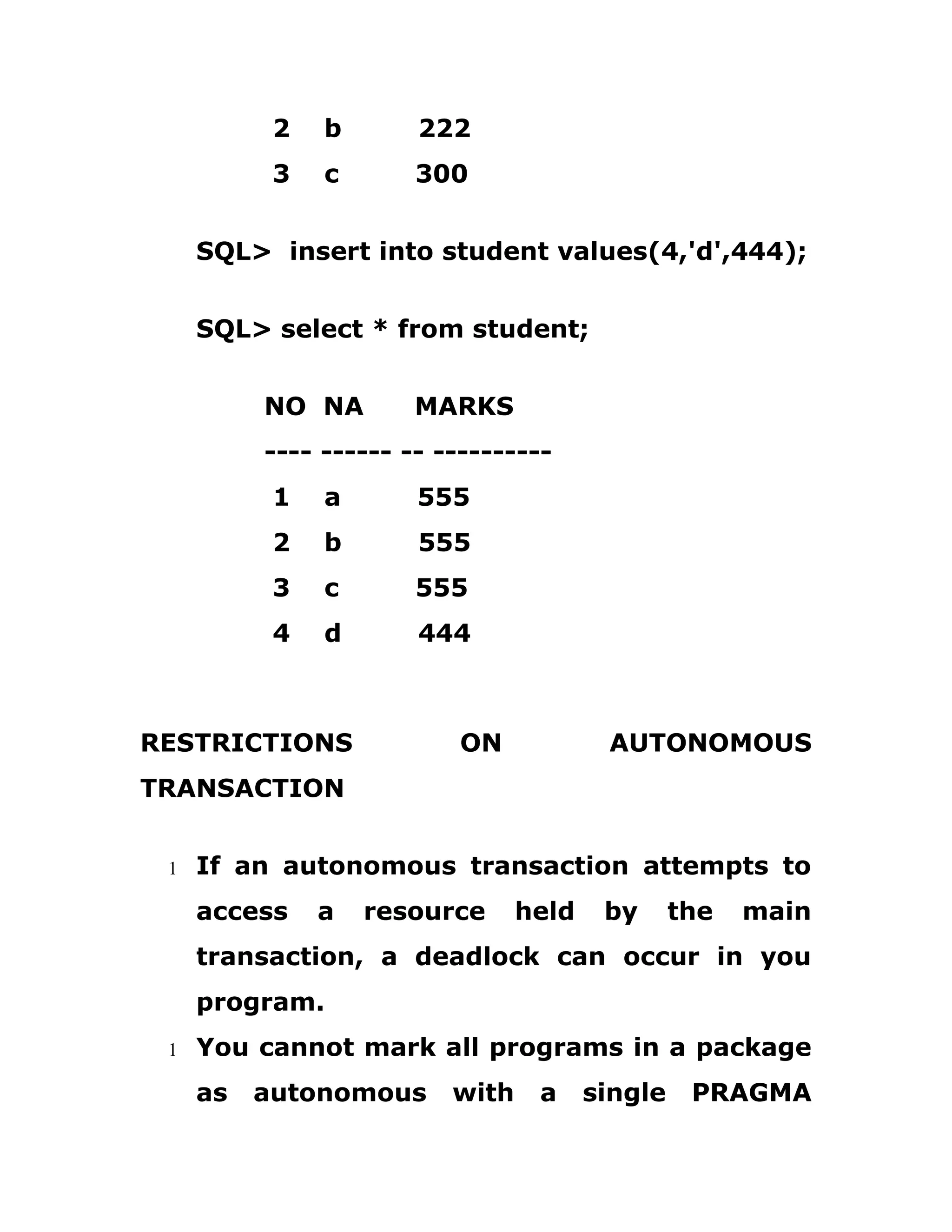 2 b 222
3 c 300
SQL> insert into student values(4,'d',444);
SQL> select * from student;
NO NA MARKS
---- ------ -- ----------
1 a 555
2 b 555
3 c 555
4 d 444
RESTRICTIONS ON AUTONOMOUS
TRANSACTION
1 If an autonomous transaction attempts to
access a resource held by the main
transaction, a deadlock can occur in you
program.
1 You cannot mark all programs in a package
as autonomous with a single PRAGMA
 