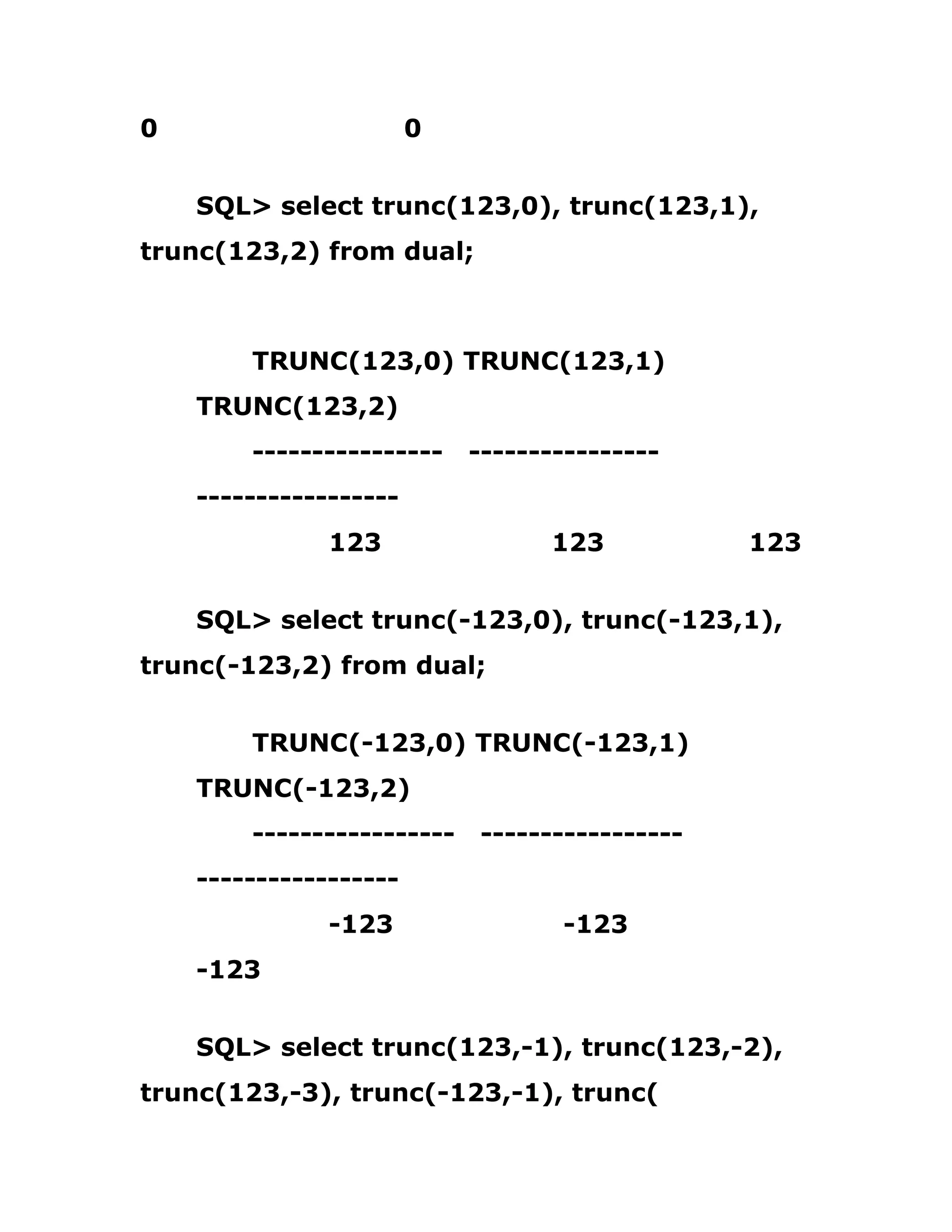 0 0
SQL> select trunc(123,0), trunc(123,1),
trunc(123,2) from dual;
TRUNC(123,0) TRUNC(123,1)
TRUNC(123,2)
---------------- ----------------
-----------------
123 123 123
SQL> select trunc(-123,0), trunc(-123,1),
trunc(-123,2) from dual;
TRUNC(-123,0) TRUNC(-123,1)
TRUNC(-123,2)
----------------- -----------------
-----------------
-123 -123
-123
SQL> select trunc(123,-1), trunc(123,-2),
trunc(123,-3), trunc(-123,-1), trunc(
 