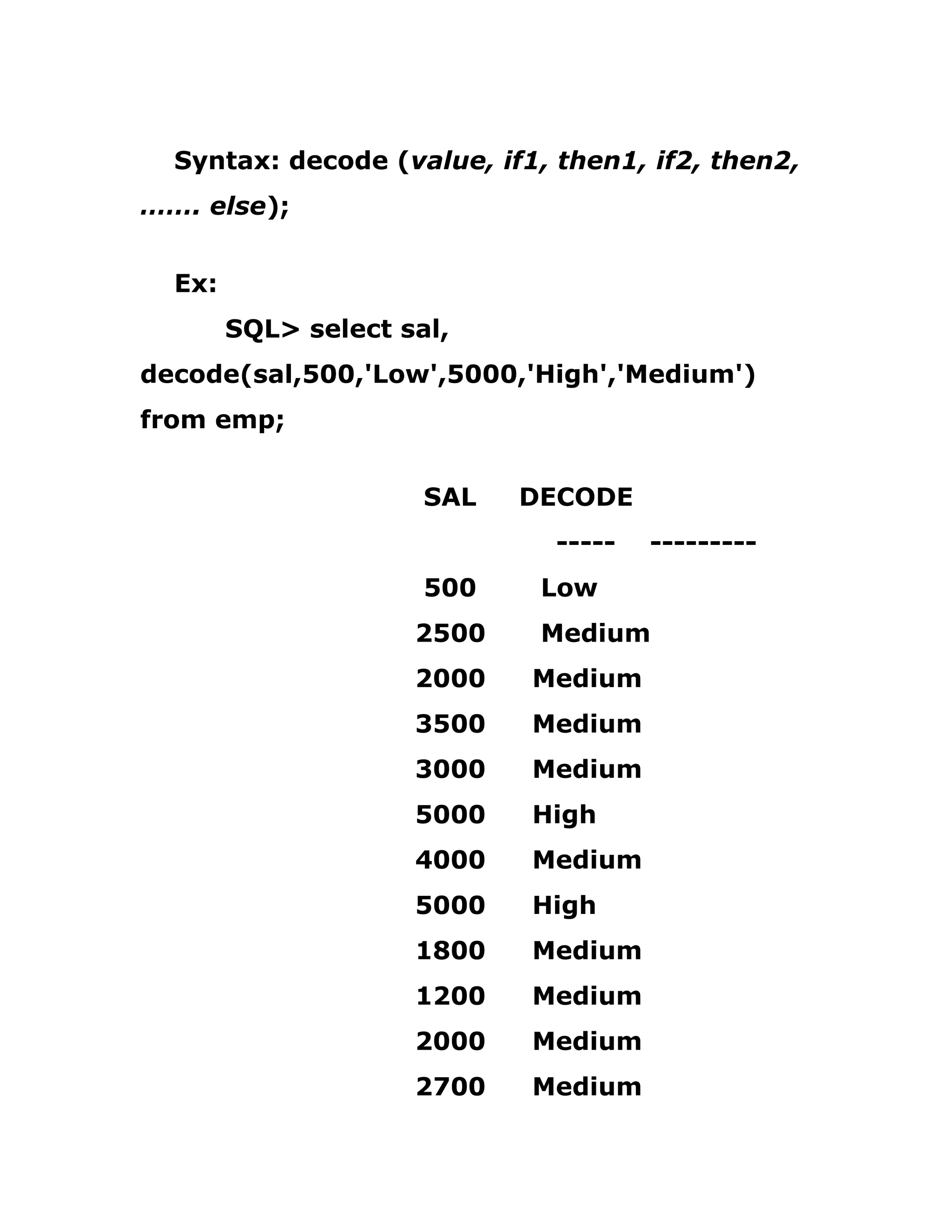 Syntax: decode (value, if1, then1, if2, then2,
……. else);
Ex:
SQL> select sal,
decode(sal,500,'Low',5000,'High','Medium')
from emp;
SAL DECODE
----- ---------
500 Low
2500 Medium
2000 Medium
3500 Medium
3000 Medium
5000 High
4000 Medium
5000 High
1800 Medium
1200 Medium
2000 Medium
2700 Medium
 