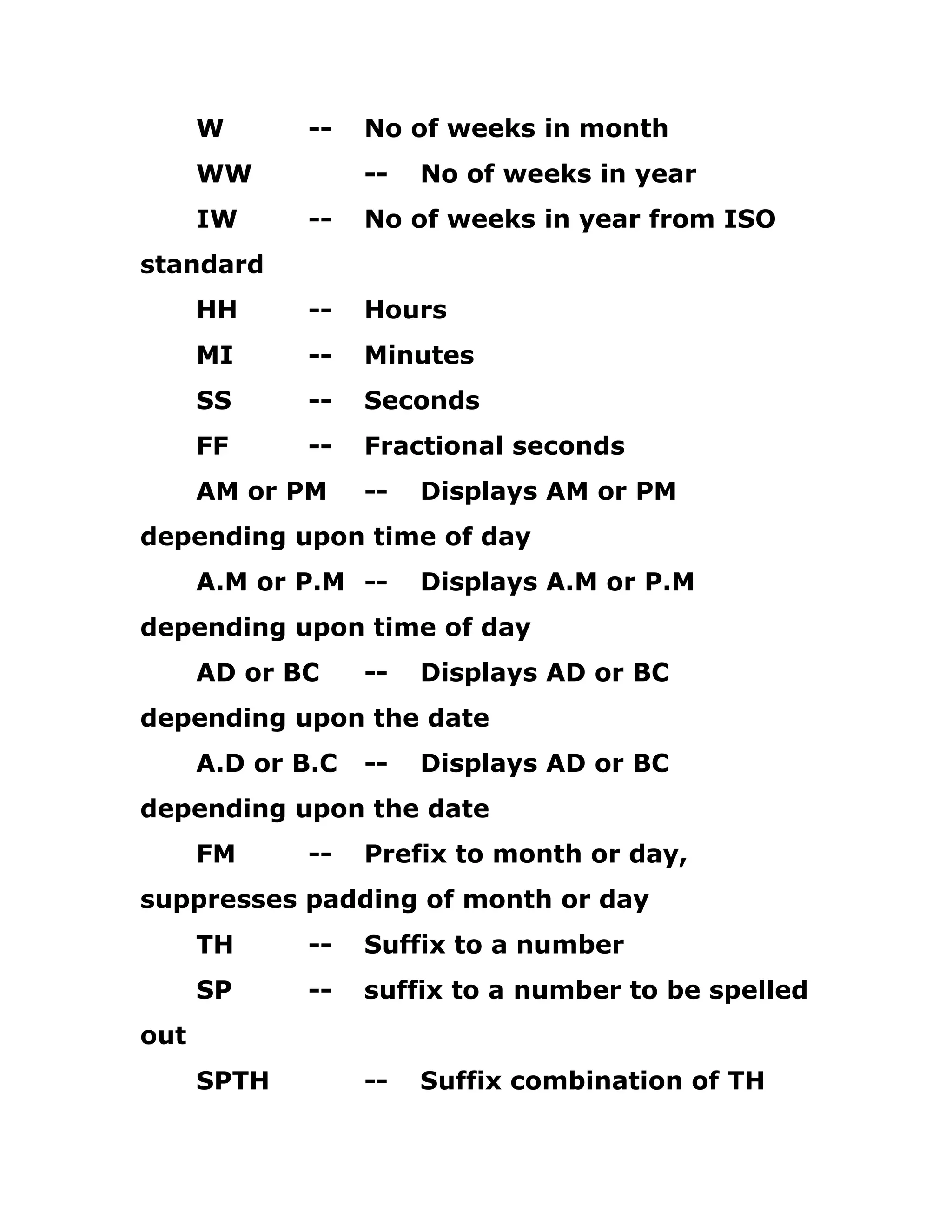W -- No of weeks in month
WW -- No of weeks in year
IW -- No of weeks in year from ISO
standard
HH -- Hours
MI -- Minutes
SS -- Seconds
FF -- Fractional seconds
AM or PM -- Displays AM or PM
depending upon time of day
A.M or P.M -- Displays A.M or P.M
depending upon time of day
AD or BC -- Displays AD or BC
depending upon the date
A.D or B.C -- Displays AD or BC
depending upon the date
FM -- Prefix to month or day,
suppresses padding of month or day
TH -- Suffix to a number
SP -- suffix to a number to be spelled
out
SPTH -- Suffix combination of TH
 