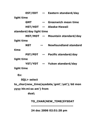 EST/EDT -- Eastern standard/day
light time
GMT -- Greenwich mean time
HST/HDT -- Alaska-Hawaii
standard/day light time
MST/MDT -- Mountain standard/day
light time
NST -- Newfoundland standard
time
PST/PDT -- Pacific standard/day
light time
YST/YDT -- Yukon standard/day
light time
Ex:
SQL> select
to_char(new_time(sysdate,'gmt','yst'),'dd mon
yyyy hh:mi:ss am') from
dual;
TO_CHAR(NEW_TIME(SYSDAT
-----------------------------------
24 dec 2006 02:51:20 pm
 