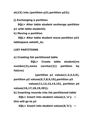 at(15) into (partition p21,partition p22);
j) Exchanging a partition
SQL> Alter table student exchange partition
p1 with table student2;
k) Moving a partition
SQL> Alter table student move partition p21
tablespace saketh_ts;
LIST PARTITIONS
a) Creating list partitioned table
SQL> Create table student(no
number(2),name varchar(2)) partition by
list(no)
(partition p1 values(1,2,3,4,5),
partition p2 values(6,7,8,9,10),partition p3
values(11,12,13,14,15), partition p4
values(16,17,18,19,20));
b) Inserting records into list partitioned table
SQL> Insert into student values(1,’a’); --
this will go to p1
SQL> Insert into student values(6,’b’); --
 