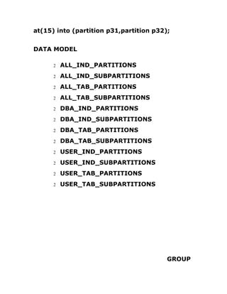 at(15) into (partition p31,partition p32);
DATA MODEL
2 ALL_IND_PARTITIONS
2 ALL_IND_SUBPARTITIONS
2 ALL_TAB_PARTITIONS
2 ALL_TAB_SUBPARTITIONS
2 DBA_IND_PARTITIONS
2 DBA_IND_SUBPARTITIONS
2 DBA_TAB_PARTITIONS
2 DBA_TAB_SUBPARTITIONS
2 USER_IND_PARTITIONS
2 USER_IND_SUBPARTITIONS
2 USER_TAB_PARTITIONS
2 USER_TAB_SUBPARTITIONS
GROUP
 