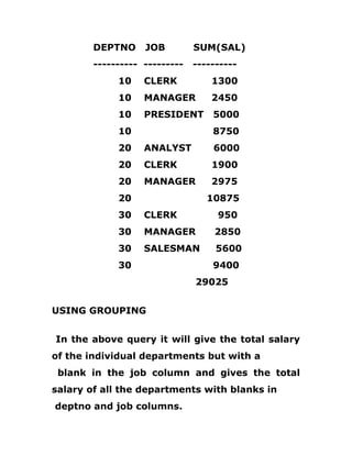 DEPTNO JOB SUM(SAL)
---------- --------- ----------
10 CLERK 1300
10 MANAGER 2450
10 PRESIDENT 5000
10 8750
20 ANALYST 6000
20 CLERK 1900
20 MANAGER 2975
20 10875
30 CLERK 950
30 MANAGER 2850
30 SALESMAN 5600
30 9400
29025
USING GROUPING
In the above query it will give the total salary
of the individual departments but with a
blank in the job column and gives the total
salary of all the departments with blanks in
deptno and job columns.
 