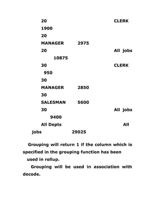 20 CLERK
1900
20
MANAGER 2975
20 All jobs
10875
30 CLERK
950
30
MANAGER 2850
30
SALESMAN 5600
30 All jobs
9400
All Depts All
jobs 29025
Grouping will return 1 if the column which is
specified in the grouping function has been
used in rollup.
Grouping will be used in association with
decode.
 