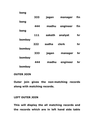 bang
333 jagan manager fin
bang
444 madhu engineer fin
bang
111 saketh analyst hr
bombay
222 sudha clerk hr
bombay
333 jagan manager hr
bombay
444 madhu engineer hr
bombay
OUTER JOIN
Outer join gives the non-matching records
along with matching records.
LEFT OUTER JOIN
This will display the all matching records and
the records which are in left hand side table
 