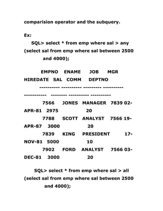 comparision operator and the subquery.
Ex:
SQL> select * from emp where sal > any
(select sal from emp where sal between 2500
and 4000);
EMPNO ENAME JOB MGR
HIREDATE SAL COMM DEPTNO
---------- ---------- --------- ----------
----------- -------- ---------- ----------
7566 JONES MANAGER 7839 02-
APR-81 2975 20
7788 SCOTT ANALYST 7566 19-
APR-87 3000 20
7839 KING PRESIDENT 17-
NOV-81 5000 10
7902 FORD ANALYST 7566 03-
DEC-81 3000 20
SQL> select * from emp where sal > all
(select sal from emp where sal between 2500
and 4000);
 