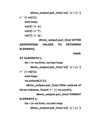 dbms_output.put_line('va[' || i || ']
= ' || va(i));
end loop;
va(5) := 'e';
va(6) := 'f';
va(7) := 'g';
dbms_output.put_line('AFTER
ASSINGNING VALUES TO EXTENDED
ELEMENTS,
VARR
AY ELEMENTS');
for i in va.first..va.last loop
dbms_output.put_line('va[' || i || ']
= ' || va(i));
end loop;
va.extend(3,2);
dbms_output.put_line('After extend of
three indexes, Count = ' || va.count);
dbms_output.put_line('VARRAY
ELEMENTS');
for i in va.first..va.last loop
dbms_output.put_line('va[' || i || ']
 