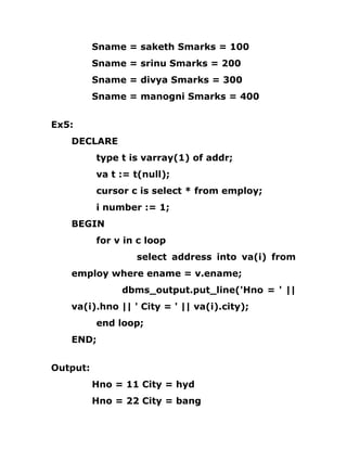 Sname = saketh Smarks = 100
Sname = srinu Smarks = 200
Sname = divya Smarks = 300
Sname = manogni Smarks = 400
Ex5:
DECLARE
type t is varray(1) of addr;
va t := t(null);
cursor c is select * from employ;
i number := 1;
BEGIN
for v in c loop
select address into va(i) from
employ where ename = v.ename;
dbms_output.put_line('Hno = ' ||
va(i).hno || ' City = ' || va(i).city);
end loop;
END;
Output:
Hno = 11 City = hyd
Hno = 22 City = bang
 