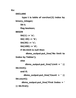 Ex:
DECLARE
type t is table of varchar(2) index by
binary_integer;
ibt t;
flag boolean;
BEGIN
ibt(1) := 'a';
ibt(-20) := 'b';
ibt(30) := 'c';
ibt(100) := 'd';
if ibt.limit is null then
dbms_output.put_line('No limit to
Index by Tables');
else
dbms_output.put_line('Limit = ' ||
ibt.limit);
end if;
dbms_output.put_line('Count = ' ||
ibt.count);
dbms_output.put_line('First Index = '
|| ibt.first);
 
