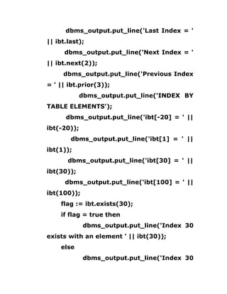 dbms_output.put_line('Last Index = '
|| ibt.last);
dbms_output.put_line('Next Index = '
|| ibt.next(2));
dbms_output.put_line('Previous Index
= ' || ibt.prior(3));
dbms_output.put_line('INDEX BY
TABLE ELEMENTS');
dbms_output.put_line('ibt[-20] = ' ||
ibt(-20));
dbms_output.put_line('ibt[1] = ' ||
ibt(1));
dbms_output.put_line('ibt[30] = ' ||
ibt(30));
dbms_output.put_line('ibt[100] = ' ||
ibt(100));
flag := ibt.exists(30);
if flag = true then
dbms_output.put_line('Index 30
exists with an element ' || ibt(30));
else
dbms_output.put_line('Index 30
 