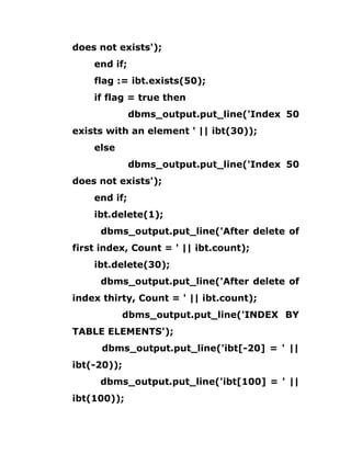 does not exists');
end if;
flag := ibt.exists(50);
if flag = true then
dbms_output.put_line('Index 50
exists with an element ' || ibt(30));
else
dbms_output.put_line('Index 50
does not exists');
end if;
ibt.delete(1);
dbms_output.put_line('After delete of
first index, Count = ' || ibt.count);
ibt.delete(30);
dbms_output.put_line('After delete of
index thirty, Count = ' || ibt.count);
dbms_output.put_line('INDEX BY
TABLE ELEMENTS');
dbms_output.put_line('ibt[-20] = ' ||
ibt(-20));
dbms_output.put_line('ibt[100] = ' ||
ibt(100));
 