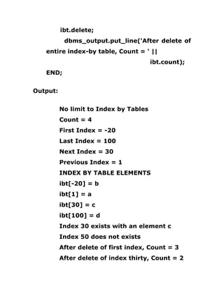 ibt.delete;
dbms_output.put_line('After delete of
entire index-by table, Count = ' ||
ibt.count);
END;
Output:
No limit to Index by Tables
Count = 4
First Index = -20
Last Index = 100
Next Index = 30
Previous Index = 1
INDEX BY TABLE ELEMENTS
ibt[-20] = b
ibt[1] = a
ibt[30] = c
ibt[100] = d
Index 30 exists with an element c
Index 50 does not exists
After delete of first index, Count = 3
After delete of index thirty, Count = 2
 