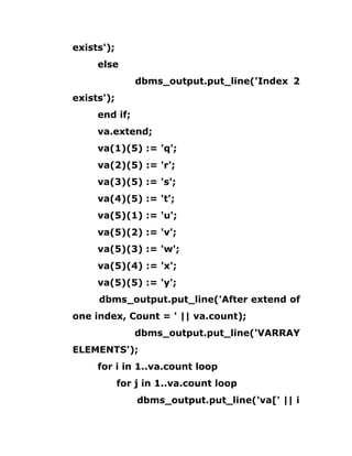 exists');
else
dbms_output.put_line('Index 2
exists');
end if;
va.extend;
va(1)(5) := 'q';
va(2)(5) := 'r';
va(3)(5) := 's';
va(4)(5) := 't';
va(5)(1) := 'u';
va(5)(2) := 'v';
va(5)(3) := 'w';
va(5)(4) := 'x';
va(5)(5) := 'y';
dbms_output.put_line('After extend of
one index, Count = ' || va.count);
dbms_output.put_line('VARRAY
ELEMENTS');
for i in 1..va.count loop
for j in 1..va.count loop
dbms_output.put_line('va[' || i
 