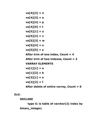 va[4][2] = n
va[4][3] = o
va[4][4] = p
va[4][5] = t
va[5][1] = u
va[5][2] = v
va[5][3] = w
va[5][4] = x
va[5][5] = y
After trim of one index, Count = 4
After trim of two indexes, Count = 2
VARRAY ELEMENTS
va[1][1] = a
va[1][2] = b
va[2][1] = e
va[2][2] = f
After delete of entire varray, Count = 0
Ex2:
DECLARE
type t1 is table of varchar(2) index by
binary_integer;
 