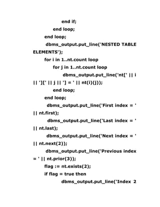 end if;
end loop;
end loop;
dbms_output.put_line('NESTED TABLE
ELEMENTS');
for i in 1..nt.count loop
for j in 1..nt.count loop
dbms_output.put_line('nt[' || i
|| '][' || j || '] = ' || nt(i)(j));
end loop;
end loop;
dbms_output.put_line('First index = '
|| nt.first);
dbms_output.put_line('Last index = '
|| nt.last);
dbms_output.put_line('Next index = '
|| nt.next(2));
dbms_output.put_line('Previous index
= ' || nt.prior(3));
flag := nt.exists(2);
if flag = true then
dbms_output.put_line('Index 2
 