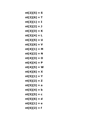 nt[2][5] = S
nt[2][6] = T
nt[3][1] = I
nt[3][2] = J
nt[3][3] = K
nt[3][4] = L
nt[3][5] = U
nt[3][6] = V
nt[4][1] = M
nt[4][2] = N
nt[4][3] = O
nt[4][4] = P
nt[4][5] = W
nt[4][6] = X
nt[5][1] = Y
nt[5][2] = Z
nt[5][3] = a
nt[5][4] = b
nt[5][5] = c
nt[5][6] = d
nt[6][1] = e
nt[6][2] = f
 