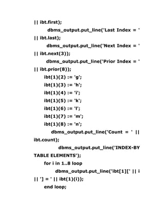 || ibt.first);
dbms_output.put_line('Last Index = '
|| ibt.last);
dbms_output.put_line('Next Index = '
|| ibt.next(3));
dbms_output.put_line('Prior Index = '
|| ibt.prior(8));
ibt(1)(2) := 'g';
ibt(1)(3) := 'h';
ibt(1)(4) := 'i';
ibt(1)(5) := 'k';
ibt(1)(6) := 'l';
ibt(1)(7) := 'm';
ibt(1)(8) := 'n';
dbms_output.put_line('Count = ' ||
ibt.count);
dbms_output.put_line('INDEX-BY
TABLE ELEMENTS');
for i in 1..8 loop
dbms_output.put_line('ibt[1][' || i
|| '] = ' || ibt(1)(i));
end loop;
 
