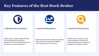 Key Features of the Best Stock Broker
1. SEBI Registration & Compliance
Always choose a broker registered with
SEBI and following all regulatory
guidelines. This ensures full transparency
and security of your investments.
2. Advanced Trading Platform
Real-time market data • Advanced charting
tools • Fast order execution • Mobile &
web trading • Secure transactions
3. Research & Advisory Services
Market research reports • Stock
recommendations • Technical &
fundamental analysis • Investment
strategies for long-term wealth
 