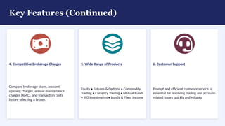 Key Features (Continued)
4. Competitive Brokerage Charges
Compare brokerage plans, account
opening charges, annual maintenance
charges (AMC), and transaction costs
before selecting a broker.
5. Wide Range of Products
Equity • Futures & Options • Commodity
Trading • Currency Trading • Mutual Funds
• IPO Investments • Bonds & Fixed Income
6. Customer Support
Prompt and efficient customer service is
essential for resolving trading and account-
related issues quickly and reliably.
 