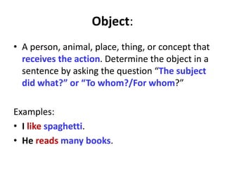 Object:
• A person, animal, place, thing, or concept that
receives the action. Determine the object in a
sentence by asking the question “The subject
did what?” or “To whom?/For whom?”
Examples:
• I like spaghetti.
• He reads many books.
 